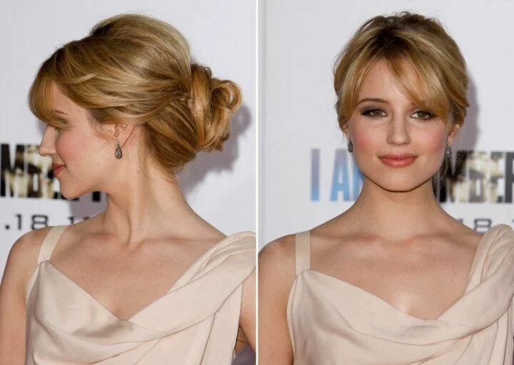 Прическа меньше средних волос Dianna Agron Hair away from the face in an updo with a knot along the nape Diann