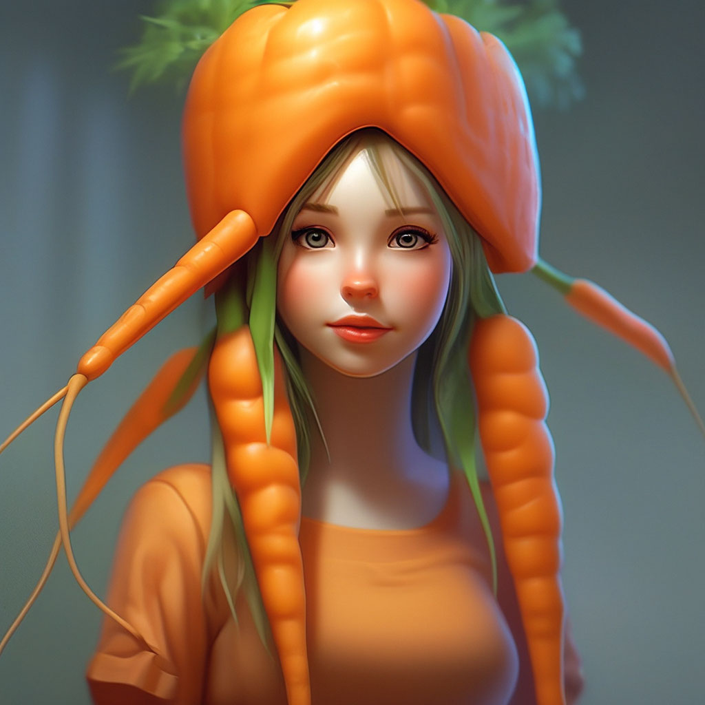 Прическа морковка для девочки "Beautiful anthropomorphic carrot girl." - image created in Shedevrum