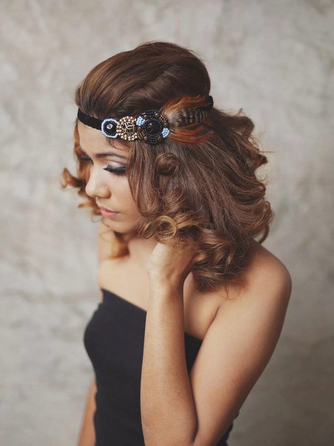 Прическа на длинные на повязку Indian - Black, Brown feather with Black beads, boho headband, hippie headband, 