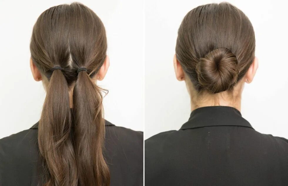 Прическа на длинные волосы быстро пучок Prevent your low bun from loosening by tying your hair in two pigtails first. Ha