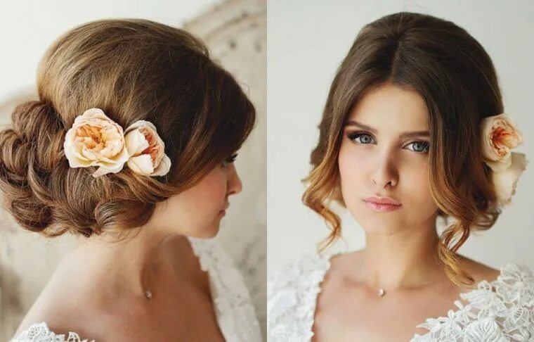 Прическа на фотосессию Acconciature sposa raccolti, capelli colore castano, trucco da sposa Cabelo da d