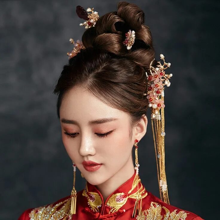 Прическа на средние волосы китайская Traditional Chinese Bride Headdress Costume Hairclips Floral Hairpin Wedding Hai