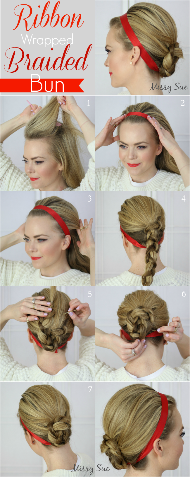 Прическа на средние волосы лентой Braid 10-Ribbon Wrapped Braided Bun Braided bun, 2nd day hair, Hair braid bun tu