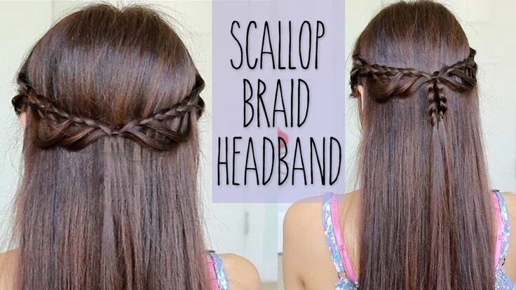 Прическа на средние волосы распущенные прямые Scallop Braid Headband Hairstyle for Medium Long Hair Tutorial Makeup