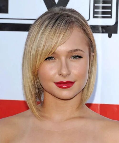 Прическа на тонкие редкие волосы до плеч Hayden Panettiere Medium Straight Blonde Bob Haircut with Side Swept Bangs Blond