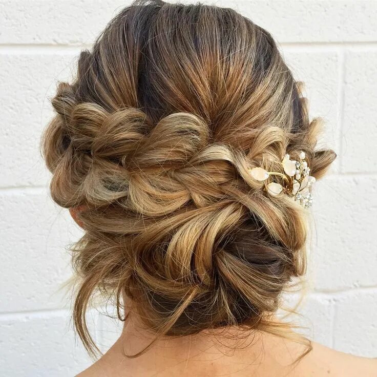 Прическа на выпускной на среднюю Pull-through-braid with a low messy bun in the back,updo hairstyles,messy updos 