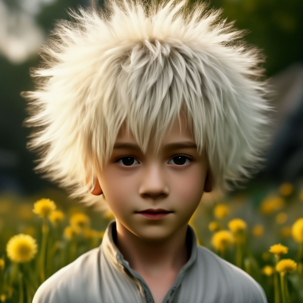 Прическа одуванчик мужская "The boy with the dandelion hairstyle." - image created in Shedevrum