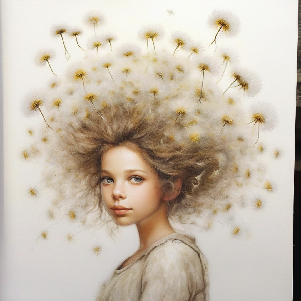 Прическа одуванчик женская "Fluffy dandelion girl, high layered ." - image created in Shedevrum