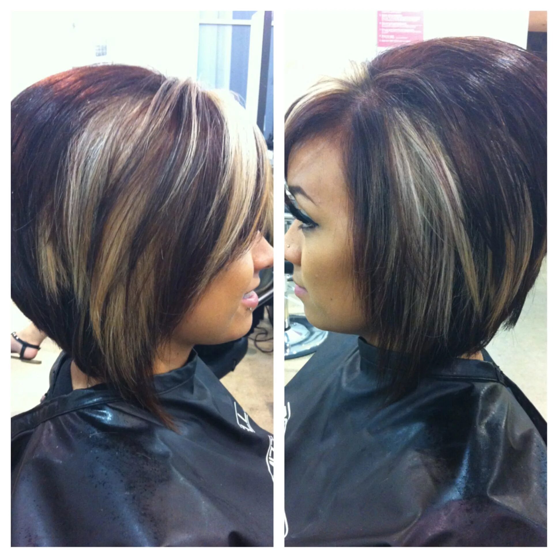 Прическа окрашивание каре Warm mahogany brown with peekaboos Hair color and cut, Bob hairstyles, Hair cuts