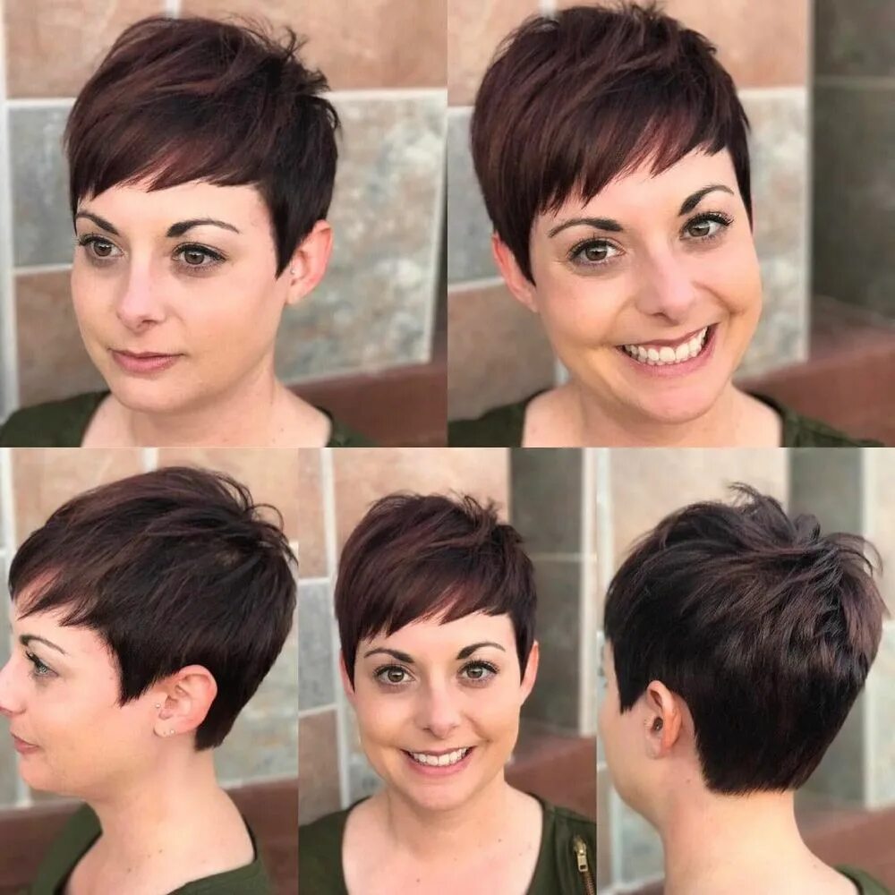 Прическа пикси на средние круглый лицо Warm Brunette Textured Pixie Crop with Choppy Asymmetrical Bangs Hair color idea