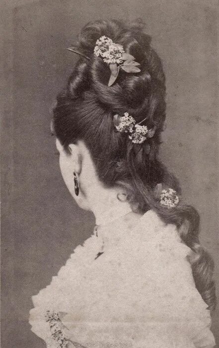 Прическа помпадур женская 19 век A rather graceful 1870s evening do from the back. Victorian hairstyles, Historic