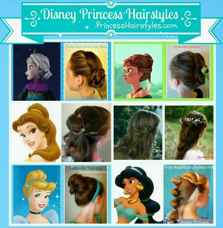 Прическа принцессы Disney Princess Hair Tutorials Elsa, Anna, Belle, Aurora, Cinderella, Jasmine