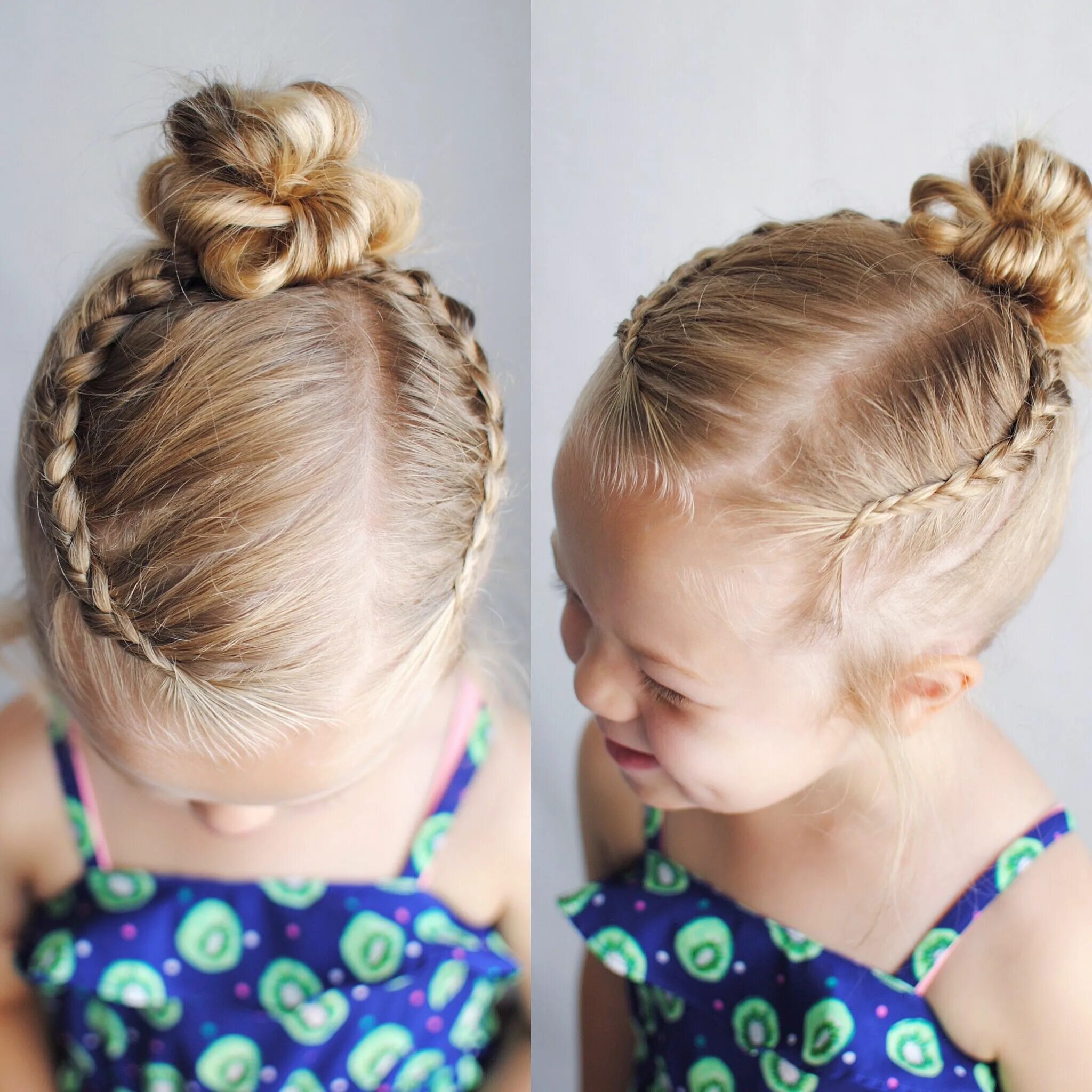 Прическа ребенку быстро и красиво Two Dutch braids parted into a top knot or messy bun Kids hairstyles, Baby hairs