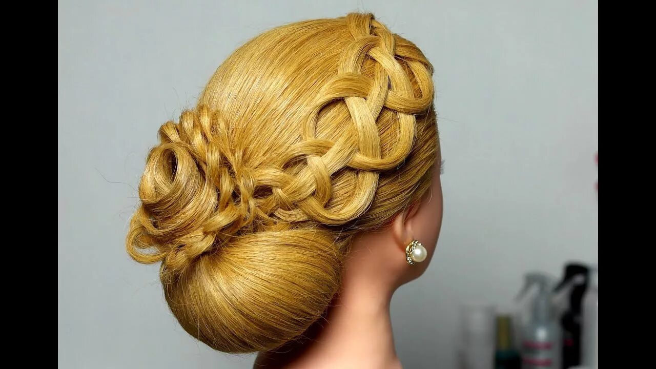 Прическа с элементами плетения на средние волосы Wedding prom updo with braided flower. Hairstyle for long hair - YouTube