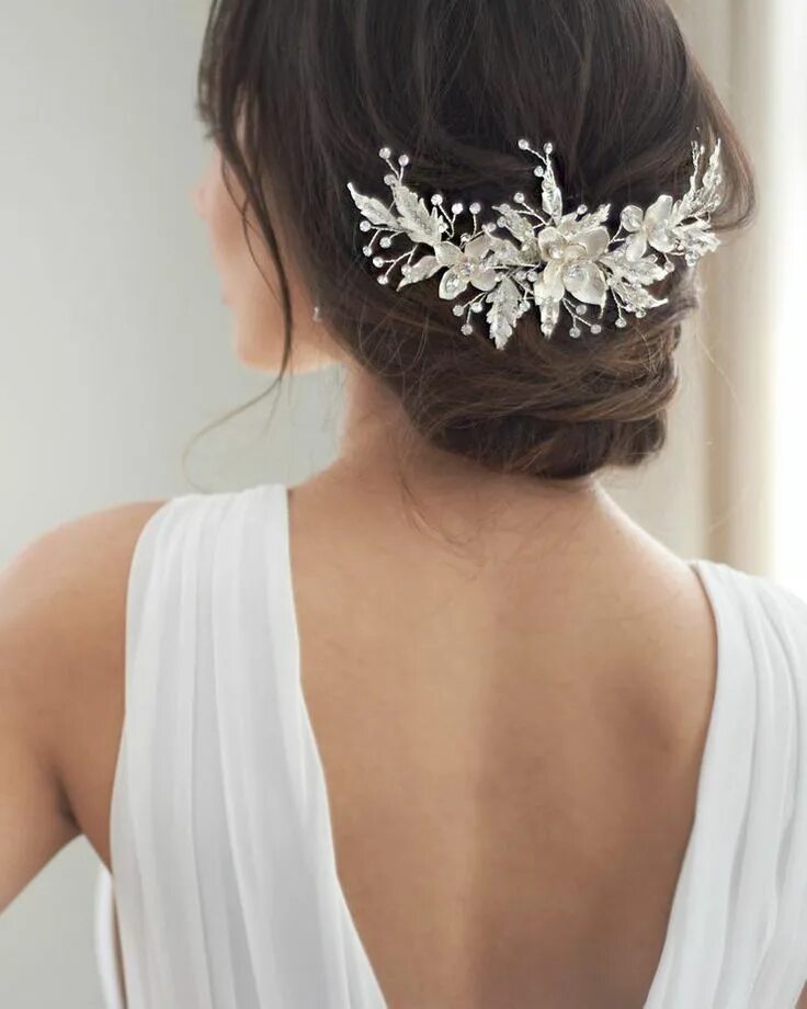 Прическа с гребнем на короткие волосы Floral Bridal Hair Comb, Wedding Comb, Silver Floral Bridal Accessory, Rhineston