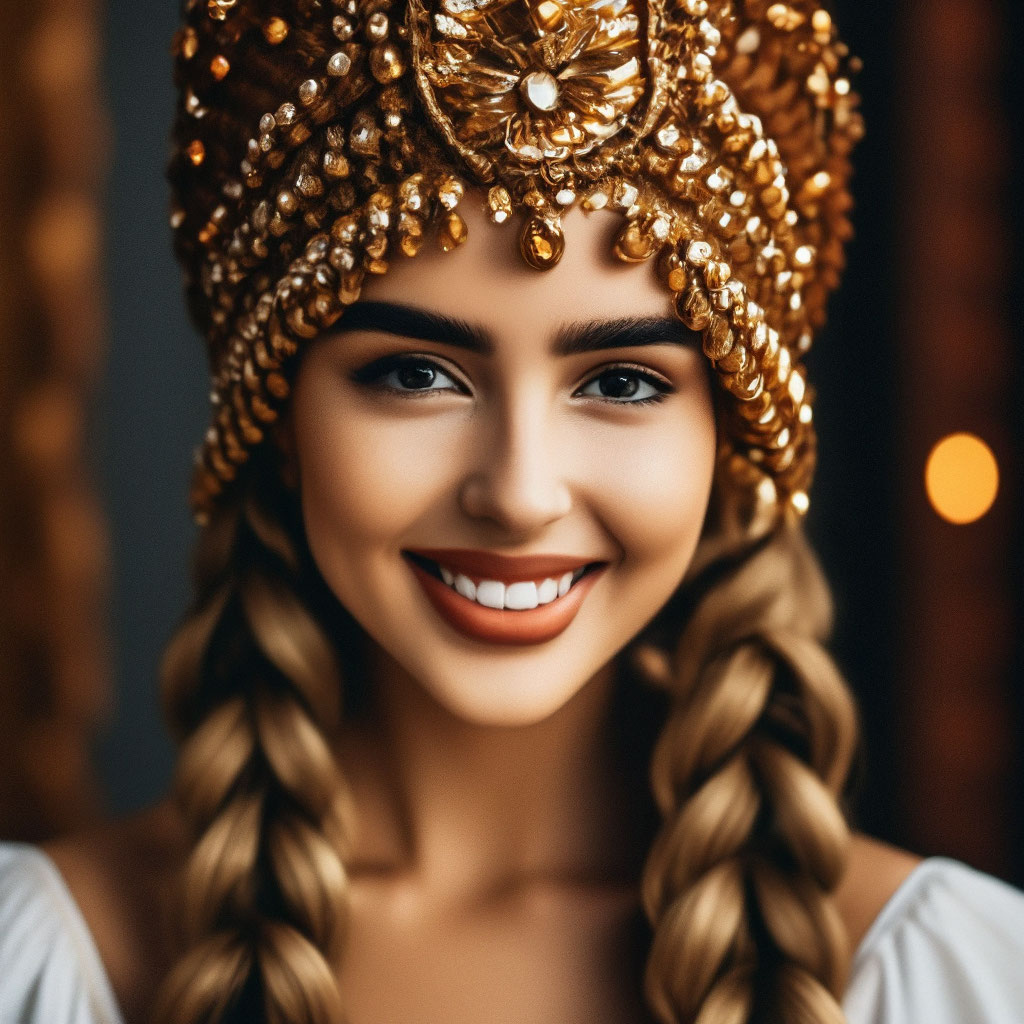 Прическа с кокошником для девочки "Dina Saeva, brown kokoshnik,braid,." - image created in Shedevrum