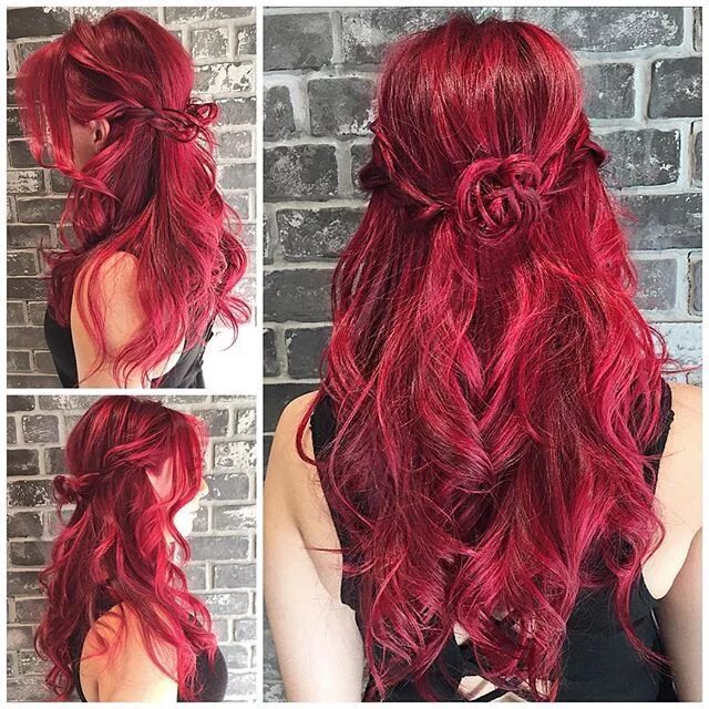 Прическа с красными волосами "Red Rose" Brilliant cool red hair color with boho braided style by Butterfly Lo