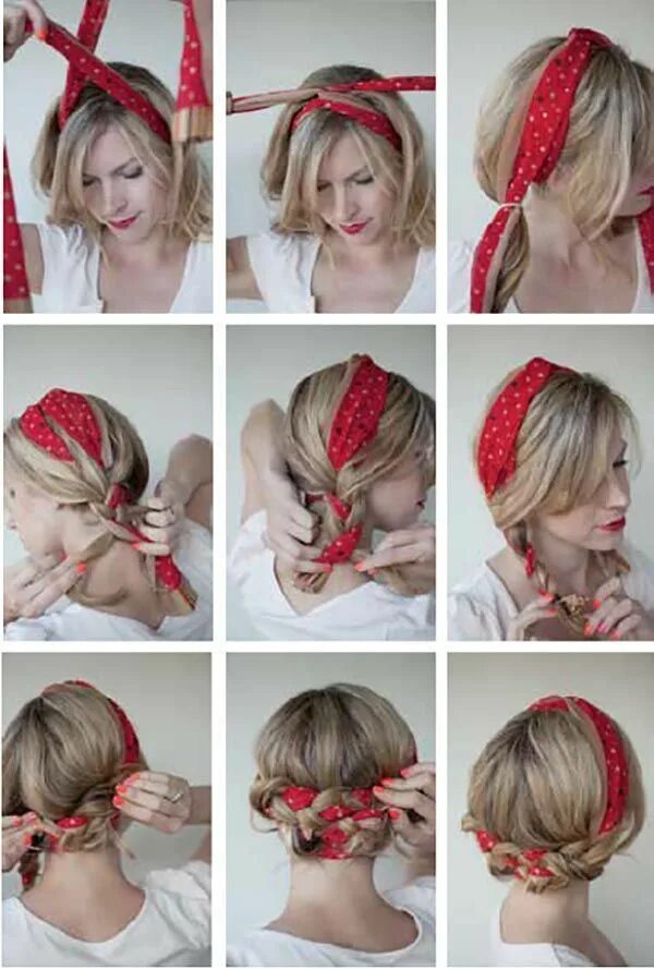 Прическа с платком на средние Bandana ile saç örgüsü yapım 2 - Frisuren in 2020 Scarf hairstyles, Medium hair 