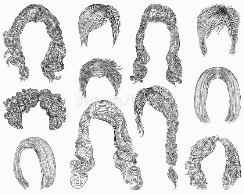 Прическа шаблон Set of Different Hairs and Hairstyle .fringe Curly Cascade Kare. Pencil Drawing 