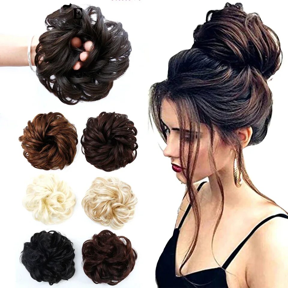 Прическа шиньон фото Hot Sale Synthetic Chignon With Rubber Band Brown Blonde Women Curly Chignon Hai