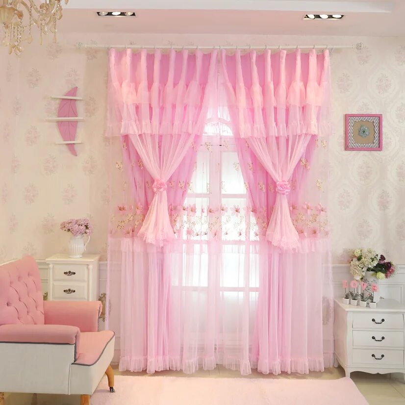 Прическа шторы для девочек Senisaihon Pink Lace Blackout Curtain Princess Tulle Curtain Wedding Bedroom Pur