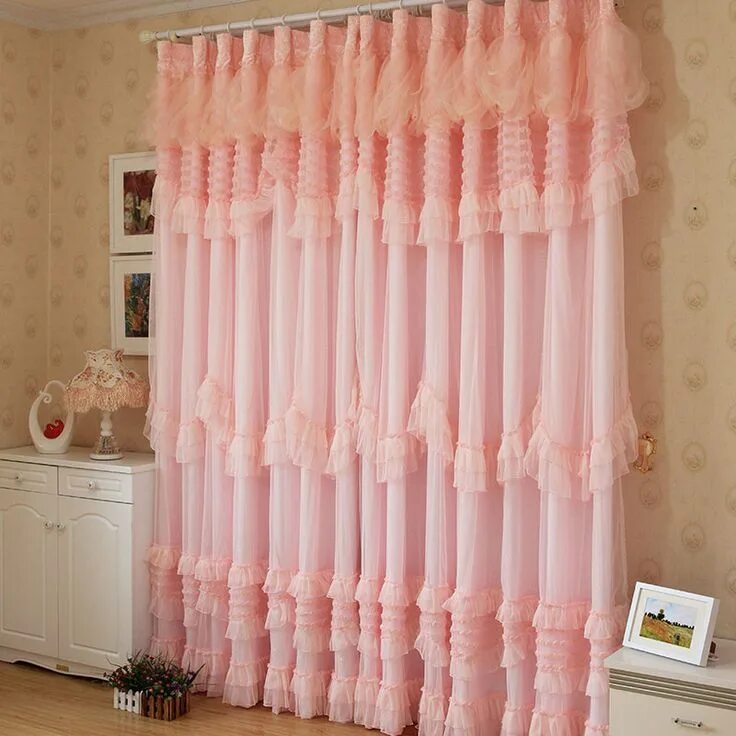 Прическа шторы для девочек Hot Selling Luxury Korean Pink Rose Lace Ruffled Children's Curtain Princess, Cu