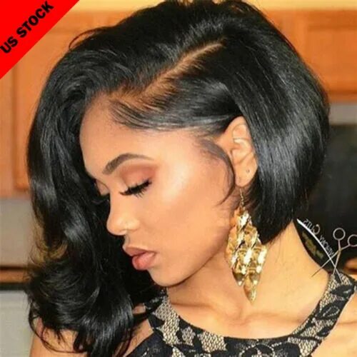 Прическа средние черные волосы Short Bob Straight Wig Brazilian Remy Human Hair Lace Front Wigs For Black Women