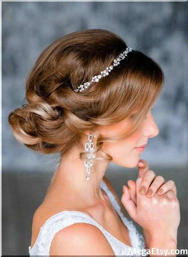 Прическа в греческом стиле на средние волосы Hairstyle Inspiration Wedding Crystal bridal headpiece, Updo with headband, Eleg