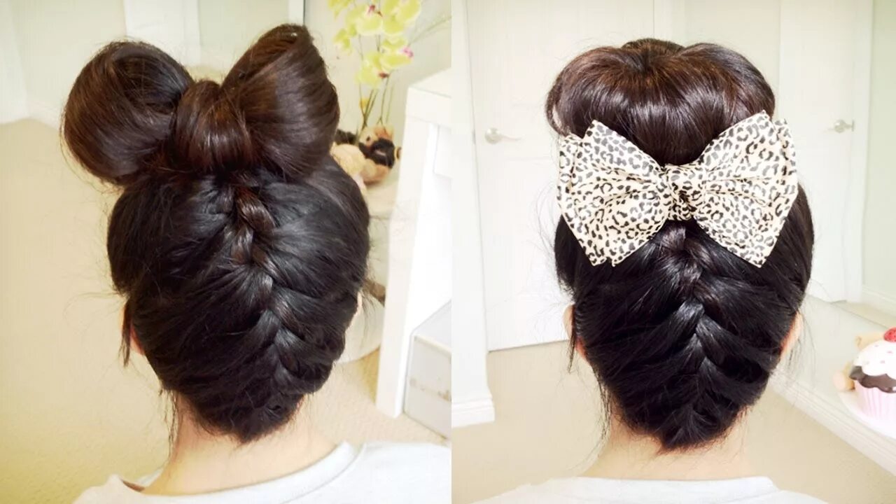 Прическа в школу с бантом заколкой Upside Down French Braid Hair Bow + Sock Bun Updo Hair Tutorial - Bebexo - YouTu