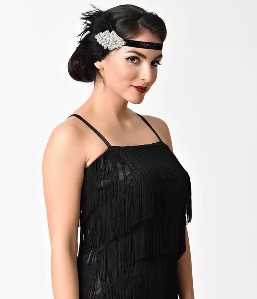 Прическа в стиле чикаго на средние Unique Vintage Black Coque Feather & Silver Rhinestone Headband Vintage hairstyl