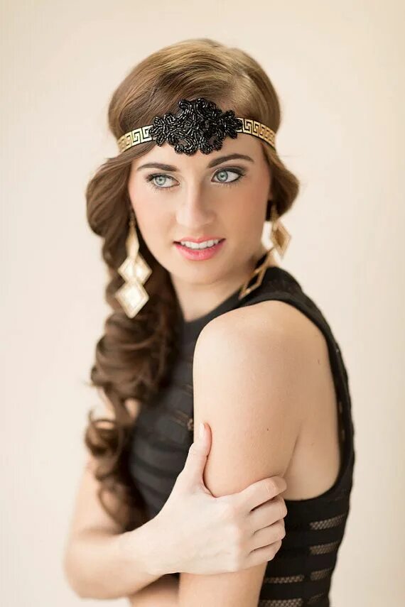 Прическа в стиле гэтсби на длинные волосы Black Art Deco Headband, Gatsby Wedding Headpiece, 1920s Bridal Hair Piece, Grea