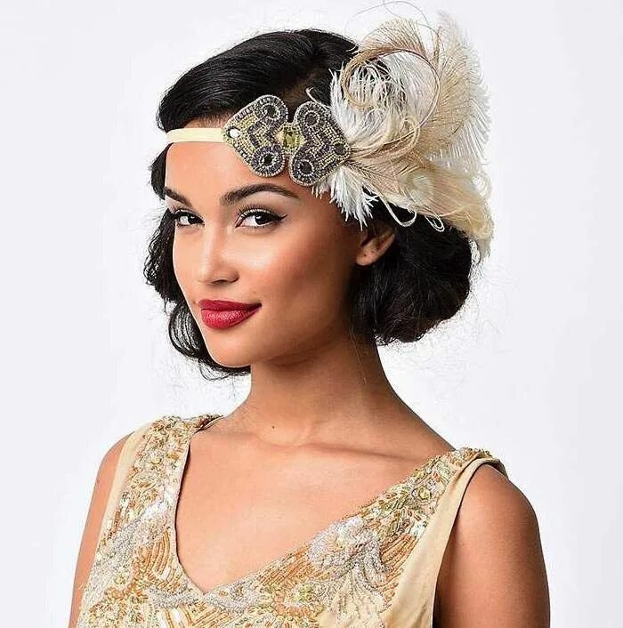 Прическа в стиле гэтсби на средние волосы 1920s Flapper Headband Ivory, Champagne + Purple Deco Shop Vintage hair accessor