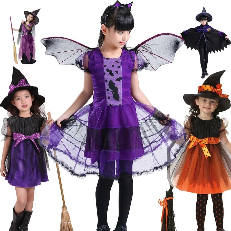 Прическа ведьмы на хэллоуин для девочки Halloween Witch Dress Child Girls Halloween Fancy Party Costume for Girls Kids O