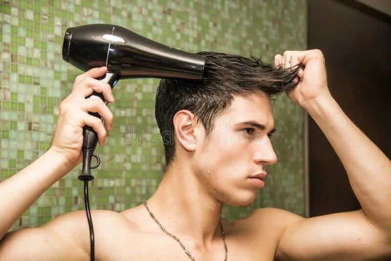 Прическа веник мужская Shirtless Young Man Drying Hair with Hairdryer Stock Photo - Image of attractive