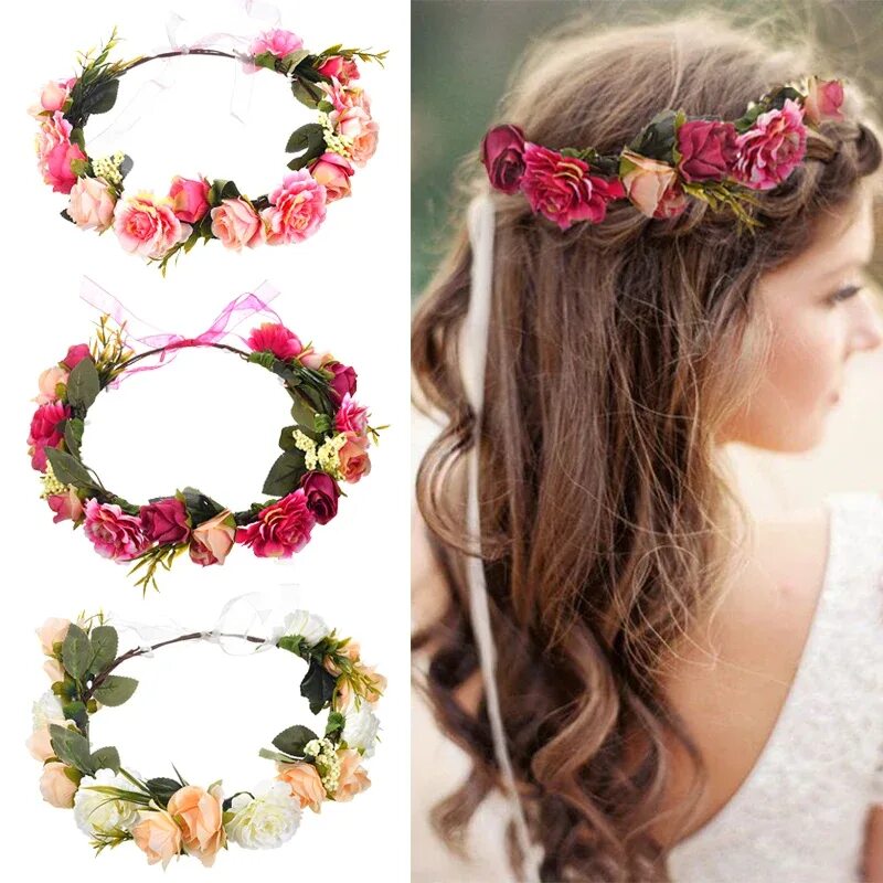 Прическа венок для девочки M Mism Bride Women Flower Crown Hair Band Wedding Floral Headband Garland Ribbon