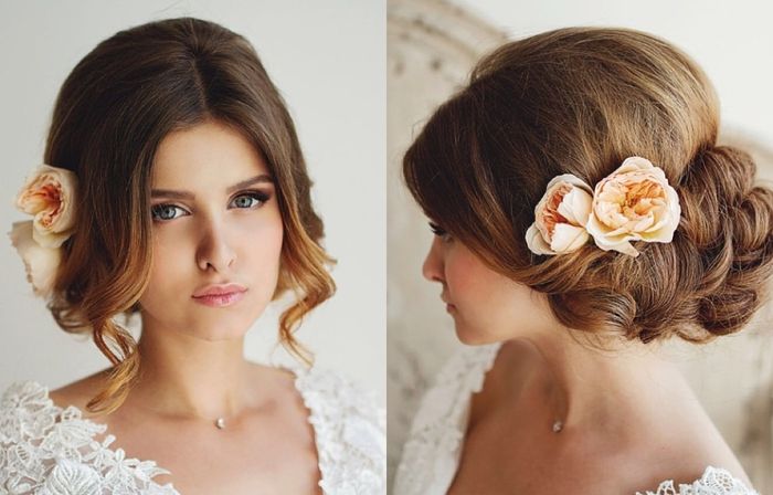 Прическа выпускной коротких hochzeit-haare-zwei-ecken-mit-zwei-orange-rosen Frisuren, Hochzeitsfrisuren, Fri