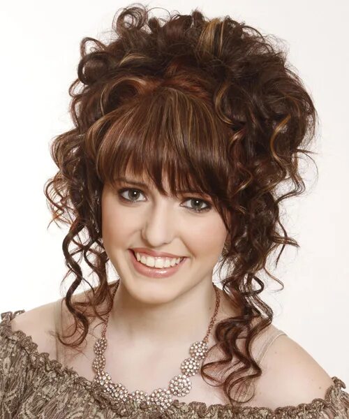 Прическа женская на юбилей средние волосы Long Curly Chestnut Brunette Updo Hairstyle with Layered Bangs and Light Brunett