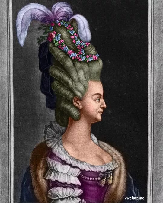 Прически 16 An engraving of Marie Antoinette by Johann Martin Will, 18th century. (My colori