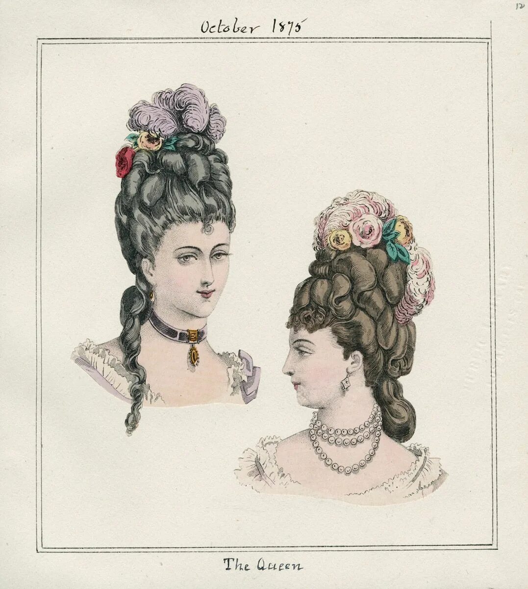 Прически 1800 годов LAPL, The Queen, October 1875 Fashion plates, Historical hairstyles, Vintage hai