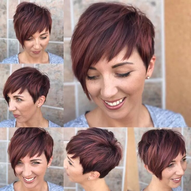 Прически асимметрия на короткие волосы Shaggy Asymmetrical Pixie with Asymmetrical Bangs on Highlighted Burgundy Hair T