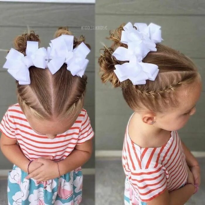 Прически для девочек на длинные 1 сентября peinados faciles para niñas, pelo en dos moños con coleteros de cintas blancas c