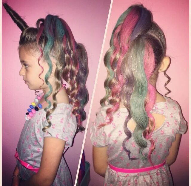 Прически для девочек на вечеринку Unicorn Horn, Curls, Hair Color, & Glitter for Crazy Hair Day! Crazy hair, Wacky