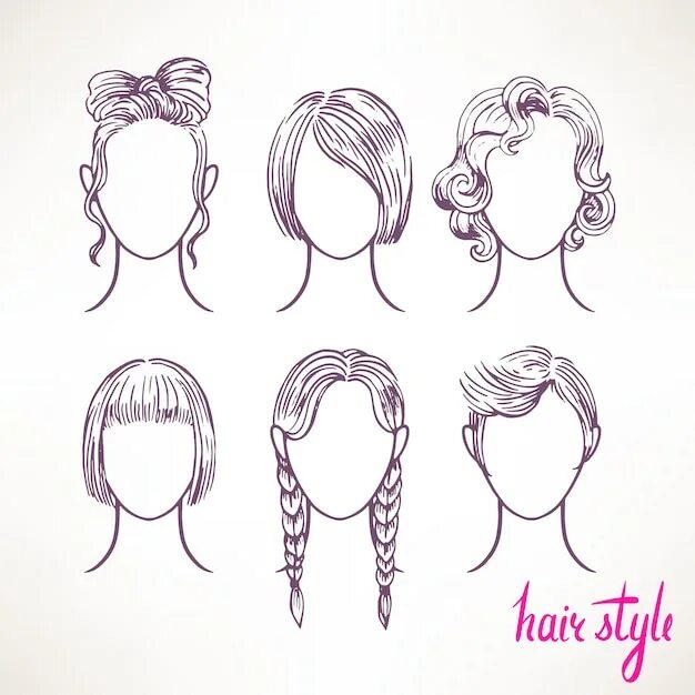 Прически для девочек нарисовать Premium Vector Set with different hairstyles. hand-drawn illustration - 2