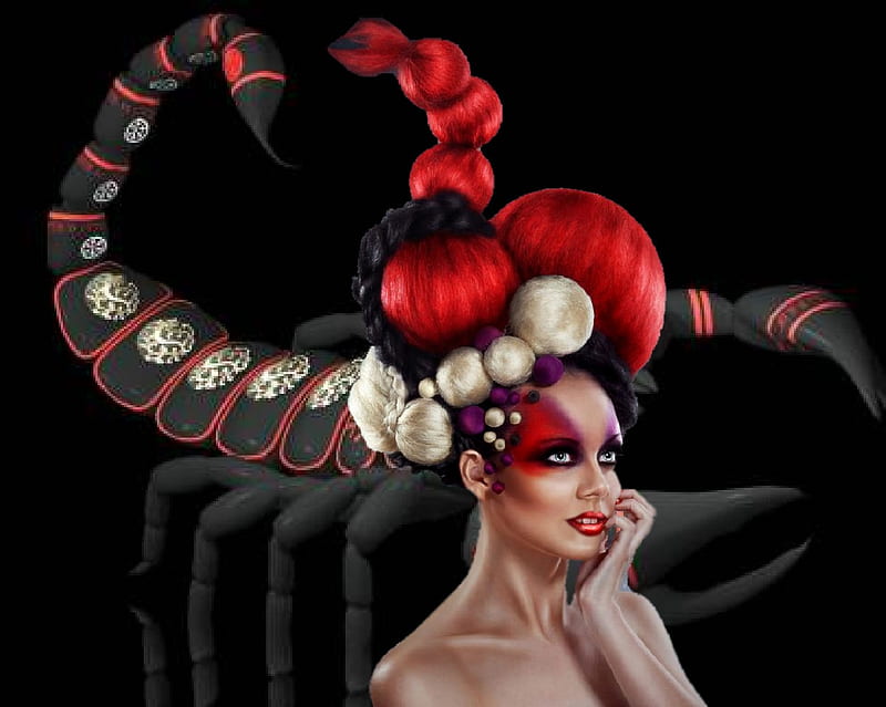 Прически для скорпиона женщины Red Scorpion Hair and Face Art, red, artistic, pretty, female, lovely, black, HD