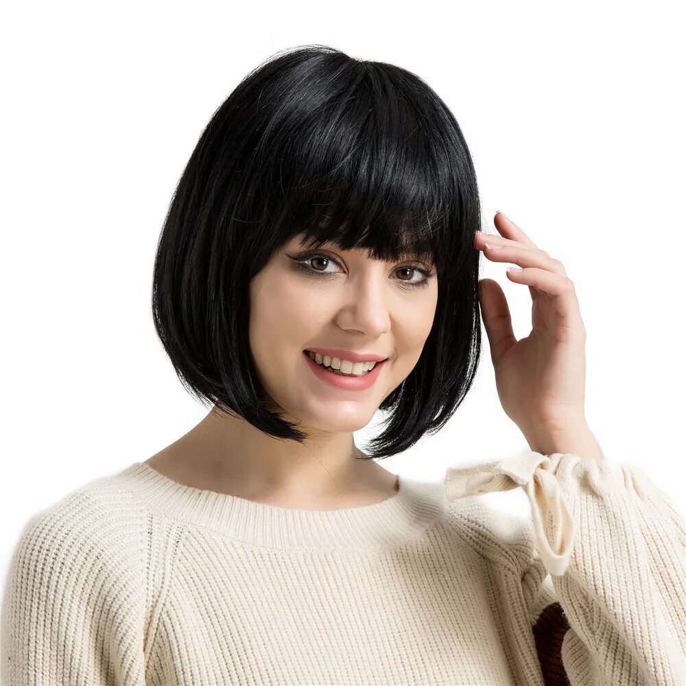 Прически картинки каре с челкой BVR 12 Inch Black Straight Short Bob Human Blend Hair Wigs With Bangs - купити з