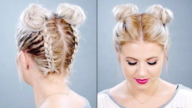 Прически каждый Double Braided Space Buns On Short Hair Milabu Braids for short hair, Cool braid