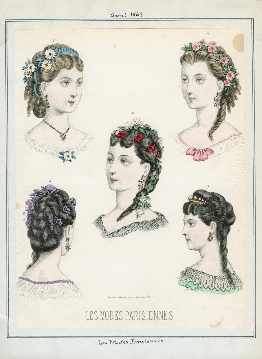 Прически конца Les Modes Parisiennes April 1869 LAPL Victorian hairstyles, Historical hairstyle