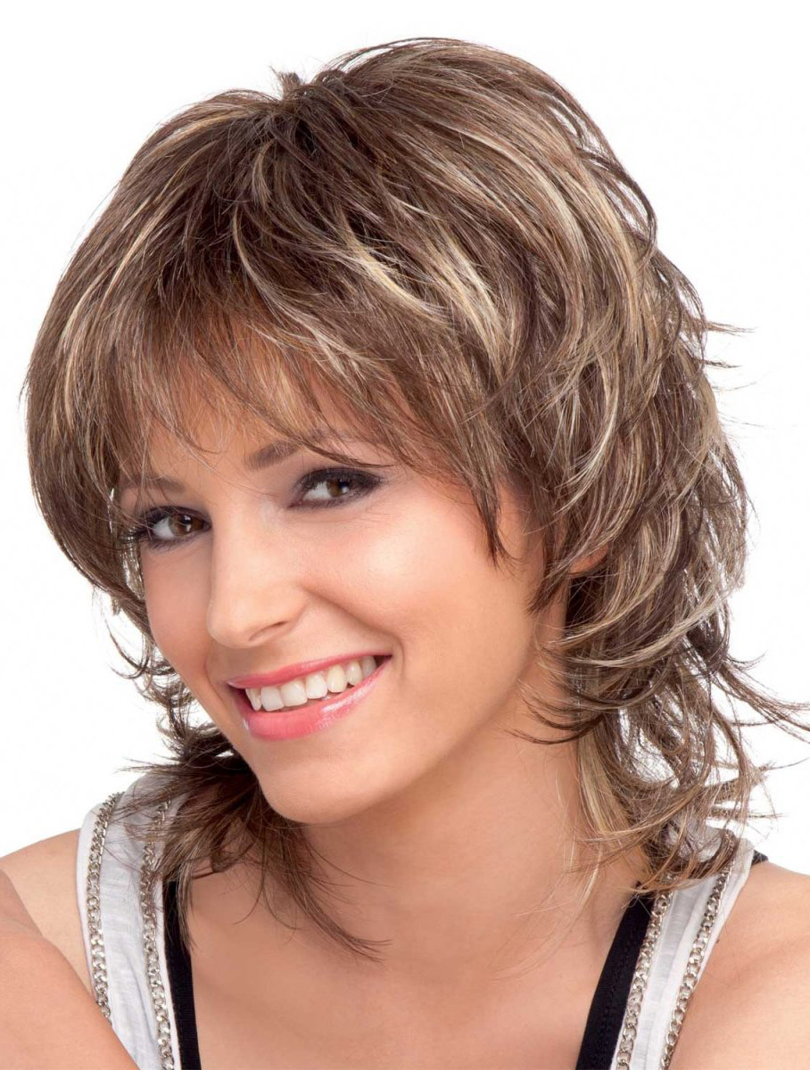 Прически короткий каскад с челкой фото Brown Wavy Shoulder Length Synthetic Wigs Hairstyles for thin hair, Medium hair 