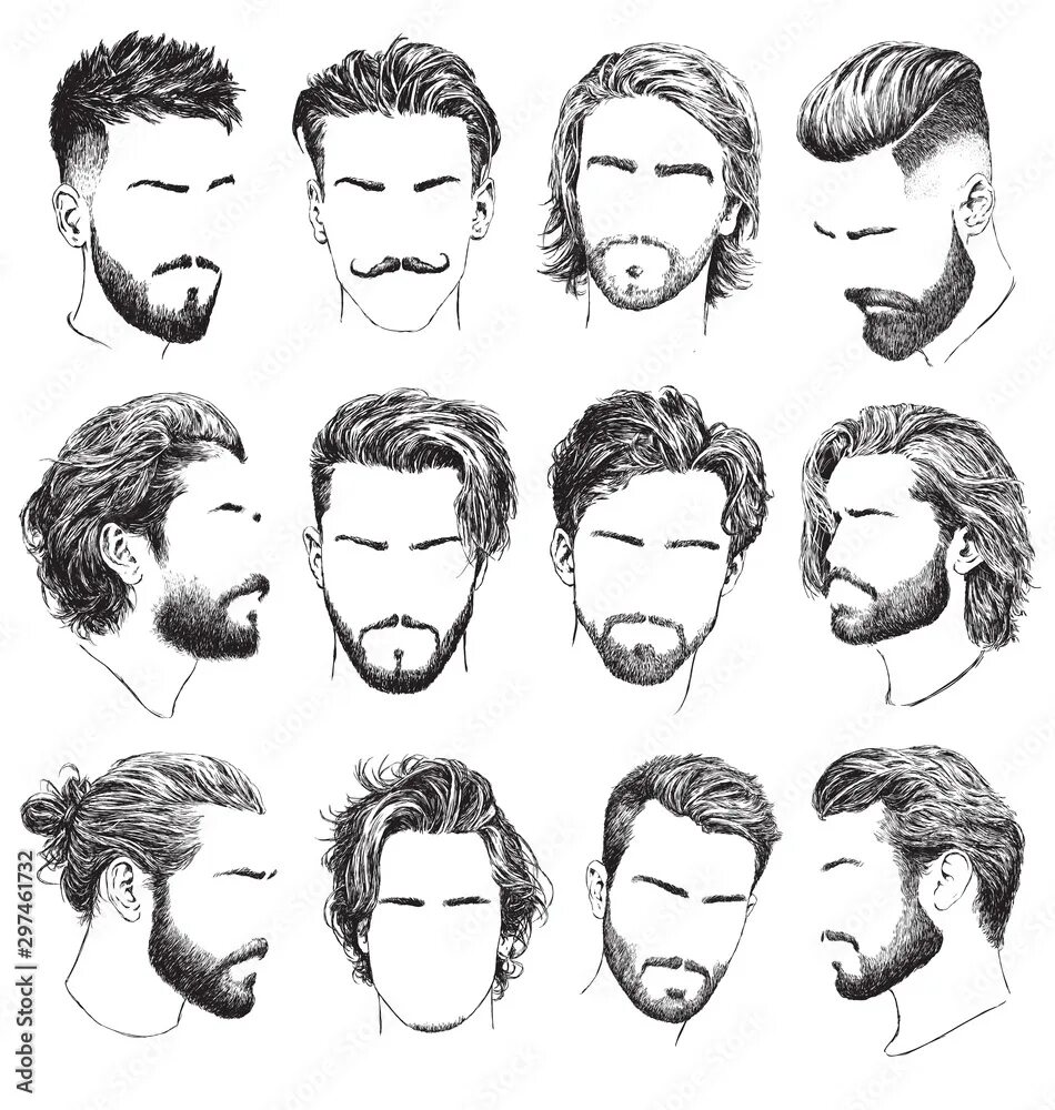 Прически мужские мультяшные Highly detailed, hand drawn men’s hairstyles, beards and mustaches vector set. В