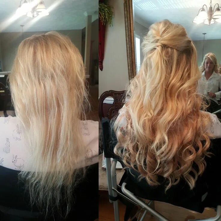 Прически на длинные нарощенные волосы What a transformation! Before and after using our halo style Hidden Crown ha. Ha